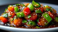 Spicy Asian stir-fry with colorful bell peppers, tomatoes, sesame seeds, and fresh herbs in rich savory sauce, served on a plate.