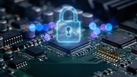 Digital cybersecurity padlock hologram floating above computer circuit board with glowing bokeh lights representing data protection and network security.