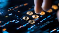 Cryptocurrency trading concept with golden coins on digital market chart background showing financial investment and stock exchange trends.