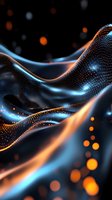 Abstract digital wave of glowing particles with orange and blue light effects on dark background, flowing dynamic mesh structure with bokeh elements.