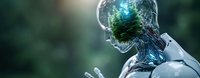 Translucent android figure with glowing neural network and forest elements inside head looking at smartphone device against blurred green background.