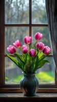 Vibrant pink tulips arranged in a dark ceramic vase displayed on a windowsill with blurred garden view, perfect for spring home decor and floral arrangements.