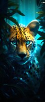 Mystical leopard with bright blue eyes emerging from dark jungle foliage against turquoise night sky, artistic fantasy wildlife illustration for wall art and prints.