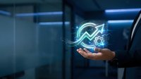 Businessman holding glowing neon growth chart with upward arrow and gear icon, representing business analytics, financial success, and digital transformation in corporate environment.