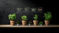 Fresh herbs growing in terracotta pots on wooden shelf against dark wall with botanical illustrations, natural home gardening setup for culinary use.