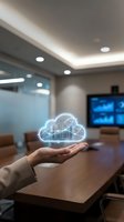 Businessman hand presenting glowing cloud computing hologram with data analytics in modern conference room for digital transformation solutions.