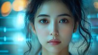 Young Asian woman with soft glowing skin and expressive eyes gazing directly at camera against blurred turquoise background with bokeh lights creating dreamy atmosphere.