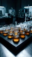 Laboratory glassware filled with amber liquid samples arranged on dark table in modern research facility with equipment in background.