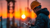 Industrial worker using tablet at oil refinery during golden hour sunset for digital technology and energy sector operations.