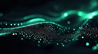 Abstract digital wave of glowing particles in dark space with green bokeh lights creating futuristic technology network visualization background.