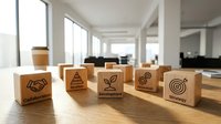 Wooden blocks with business icons including collaboration, development, strategy symbols arranged on office desk for corporate planning concepts.