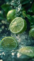 Fresh lime slices with water droplets splashing against dark green background, creating refreshing atmosphere for food and beverage advertising.