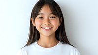Young Asian girl with bright genuine smile wearing white t-shirt against light background, expressing joy and confidence in casual studio portrait.