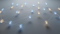 Connected glowing spheres form an abstract network on neutral background, representing data flow, digital communication, technology infrastructure, and interconnected systems for business and innovation concepts.