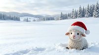 Cute sheep wearing red Santa hat sitting in snowy winter landscape with evergreen forest and mountains in background, festive holiday seasonal decoration.