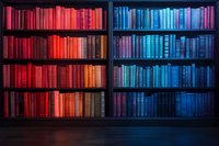 Bookshelf divided into contrasting red and blue sections creating dramatic color gradient effect in library interior, dark moody atmosphere for knowledge concept.