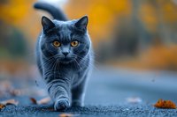 Majestic British shorthair cat with bright yellow eyes walking on autumn path with blurred orange fall foliage background creating moody atmosphere.