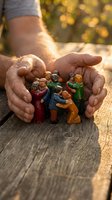 Elderly hands protectively cupping colorful nativity scene figurines on rustic wooden surface with warm golden bokeh background for Christmas holiday concepts.
