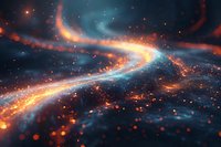 Glowing cosmic energy streams with orange and blue light trails swirling through dark space, creating dynamic motion paths amid sparkling particles and nebulous effects.