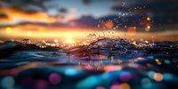 Water splash with bokeh lights against dramatic sunset sky creates mesmerizing macro photography effect with orange and purple reflections in motion.