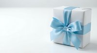 White gift box with elegant light blue satin ribbon bow on white background, perfect for holiday, birthday, and baby shower designs.