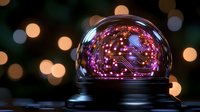Glowing purple circuit board pattern inside glass dome against dark background with bokeh lights creates futuristic technological atmosphere.