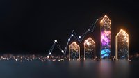 Glowing crystal towers with rising graph line showing business growth trend on dark background with sparkle effects and magical illumination.