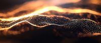 Abstract golden wave of particles flowing against dark background, creating dynamic motion with glowing light effects for technology or luxury design concepts.