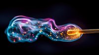 Glowing match ignites with magical blue and pink smoke trails against dark background, creating ethereal light effect with sparkling particles and flame.