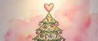 Christmas tree decorated with ornaments and topped with a red heart on soft pink watercolor background, perfect for holiday greeting cards and festive designs.