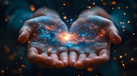 Magical open hands holding glowing cosmic nebula with stars and galaxies, mystical energy particles floating in dark space. Spiritual concept for meditation and mindfulness.