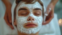 Young Caucasian woman with closed eyes receiving luxurious facial treatment at spa, white cream mask being applied by aesthetician hands for skincare routine.