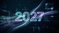 Futuristic 2027 numbers with neon glow and light streaks on dark digital background for new year celebration and technology concepts.