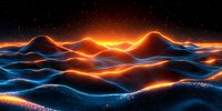 Abstract digital landscape with glowing orange energy wave flowing over blue particle terrain against dark background, creating futuristic mountain scenery.