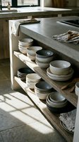 Rustic kitchen shelving unit displaying stacked ceramic bowls and dinnerware in neutral tones, with concrete countertop and wooden cabinetry for home decor and interior design.