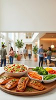 Grilled salmon fillets with pasta salad and fresh vegetables on wooden board in modern office cafeteria setting with people dining.