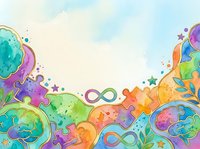 Colorful abstract puzzle pieces and infinity symbols with watercolor splashes and stars on white background, suitable for educational materials and creative design projects.