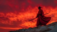 Silhouette of samurai warrior with sword against dramatic fiery red sunset sky, standing on rocky terrain. Perfect for historical or fantasy projects.