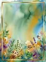 Watercolor garden frame with wildflowers, lavender, and botanical elements on soft gradient background. Isolated design with gold border, ready for invitations, cards, and creative projects.