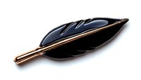 Black glossy feather brooch with rose gold metallic trim on white background, isolated jewelry accessory for fashion and design projects.