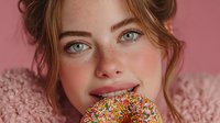 Young Caucasian woman with freckles eating colorful sprinkle donut against pink background. Sweet treat indulgence lifestyle portrait for food advertising.