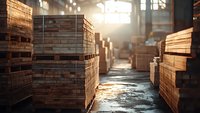 Stacked wooden planks and lumber in sunlit warehouse with dramatic rays of light streaming through windows, creating atmospheric industrial storage scene.