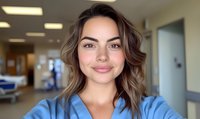 Young female healthcare professional with wavy brown hair and natural makeup wearing blue scrubs in hospital corridor.