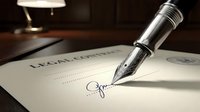 Fountain pen signing legal contract document on wooden desk with lamp, suitable for business, law, agreement, and corporate concepts.