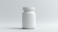 White plastic medicine bottle with cap on light background, minimalist pharmaceutical container mockup isolated for supplement and vitamin packaging design.