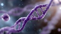 Purple glowing DNA helix strand with genetic code structure floating in microscopic space, scientific molecular biology background for medical research.