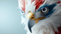 Dramatic close-up of eagle head with red and blue face paint in warrior style, fierce yellow beak and intense eye against light background, patriotic concept.