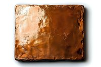 Rough copper metal plate with textured surface and aged patina casting dramatic shadows on white background, isolated metallic design element.
