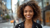 Young African American woman with natural curly hair and bright smile wearing black leather jacket against blurred urban background with bokeh lights.