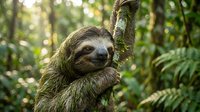 Three-toed sloth hanging on tree branch in tropical rainforest with green foliage background showcasing wildlife and nature conservation themes.